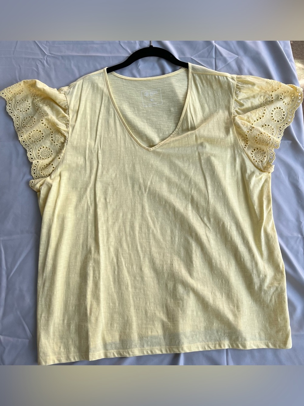 Candace Cameron Bure Eyelet Flutter Ruffle Sleeve V Neck Top Pastel Yellow QVC
